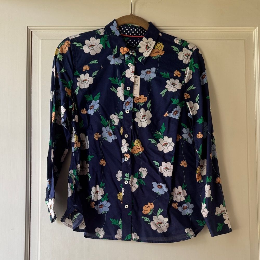 Talbots Navy Floral Button-Down Shirt with White and Green Accents